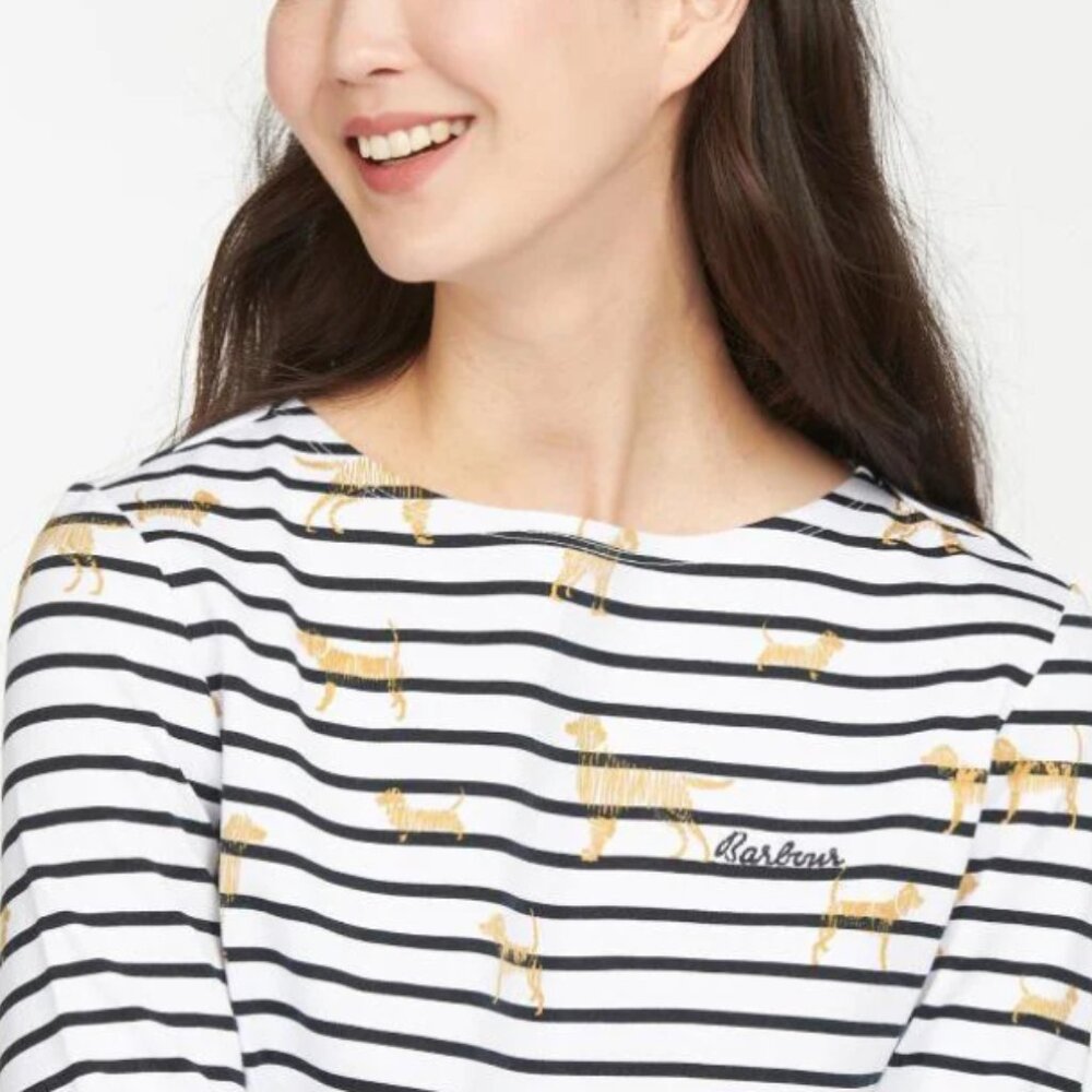 BARBOUR Lifestyle Hawkins Dogs & Stripes Priint Top, White/Navy/Gold  US 8 M NWT